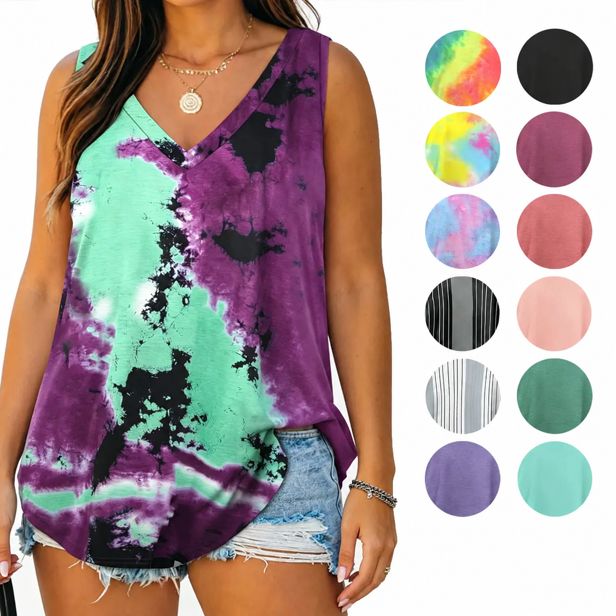 Summer Plus Size Tank Tops for Women V-Neck Tie Dye Color Basic Sleeveless Loose Fit Tees Chic Stretchable Breathable Solid Print Striped summervibes tshirt
