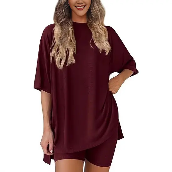 Women's 2026 Summer Minimalist Basic Suits, Two-Piece Set For Women Round Neck Oversized Shirt & Fitted Shorts Matching Clothing Set, Plus Size Split Hem Clothes for Airport Travel & Lounge, Crewneck  pretty girl sets