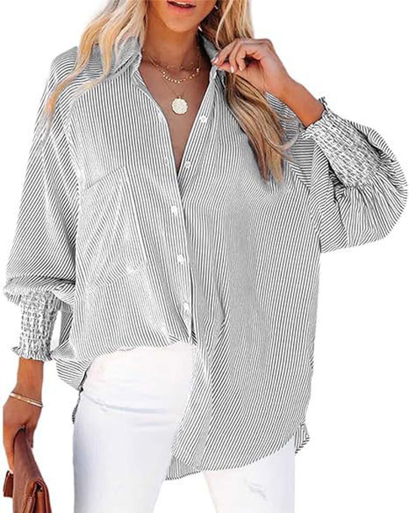 Striped Long-Sleeved Loose Shirt Casual Women'S New Style Pocket Shirt Top