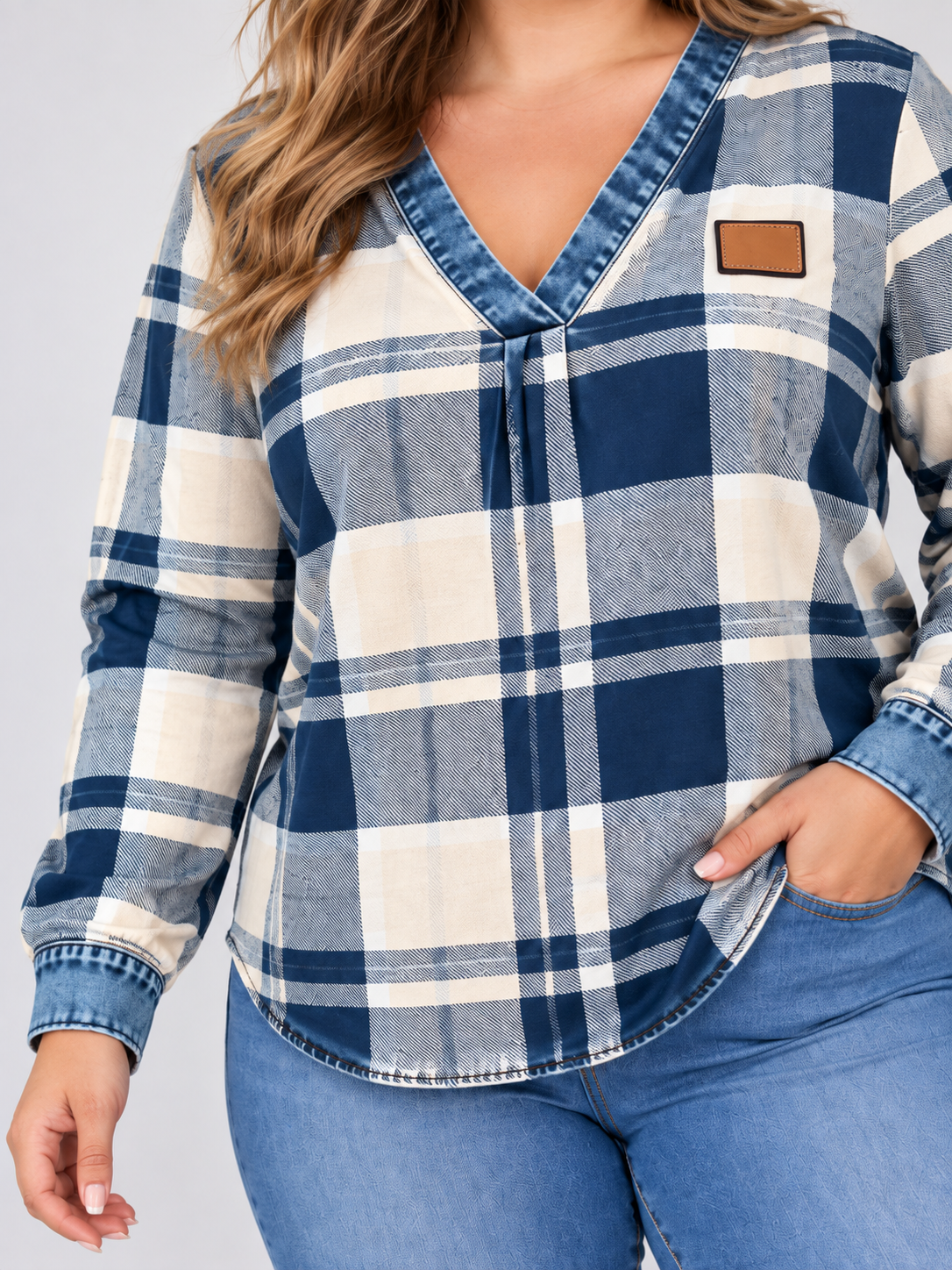 2026 Fall/Winter New Arrival: Cross-Border, European and American Amazon Independent Store V-Neck Casual Checkered Print Long-Sleeve Top for Women