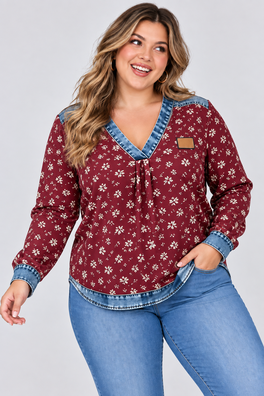 V-Neck Casual Checkered Print Long-Sleeve Top