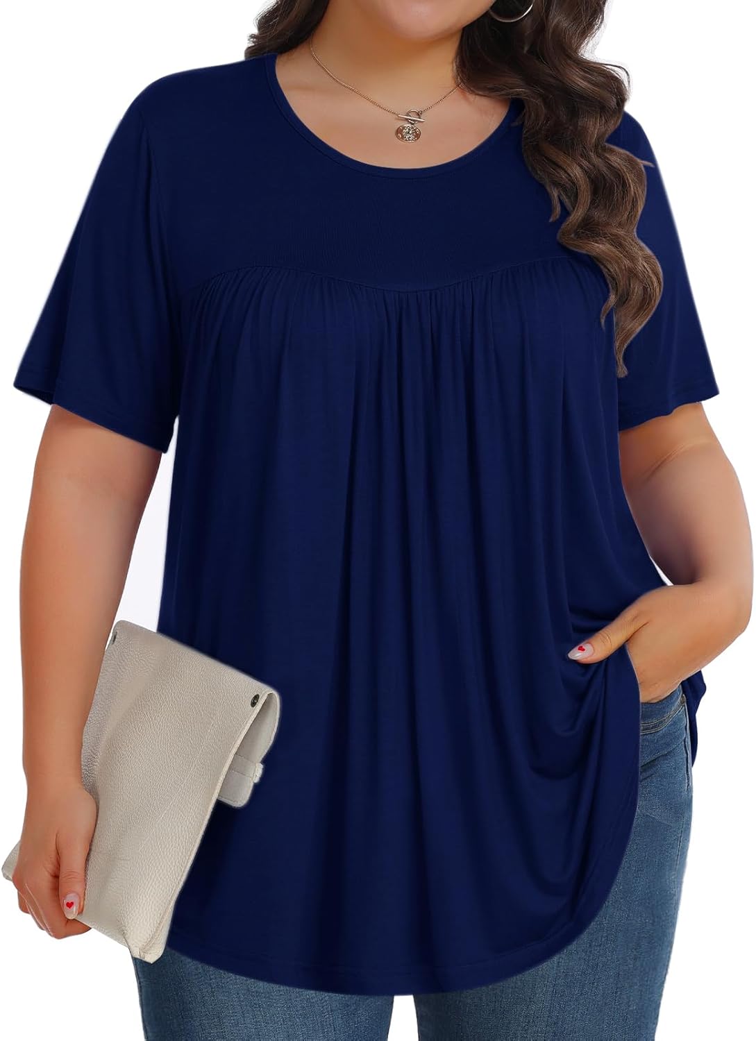 【Best Selling】Womens Plus Size Tops Tunic Short Sleeve Crew Neck Shirts Casual Soft Blouse M-5X