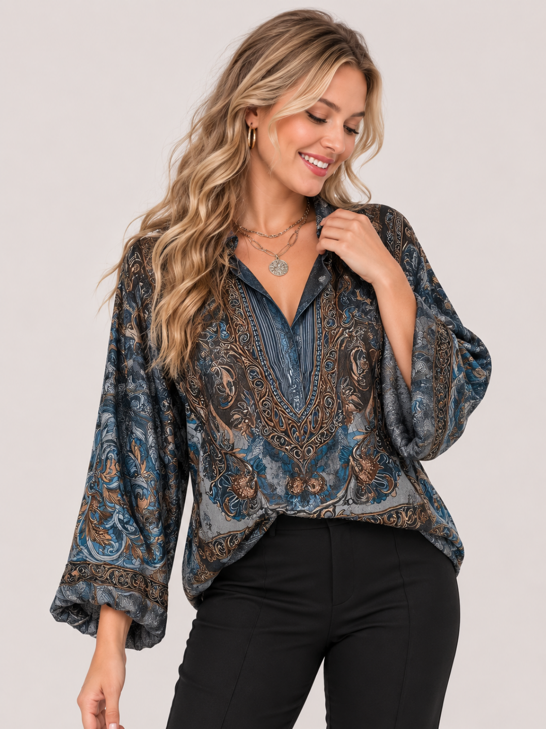  V-neck print loose fleshy high vintage long sleeve top