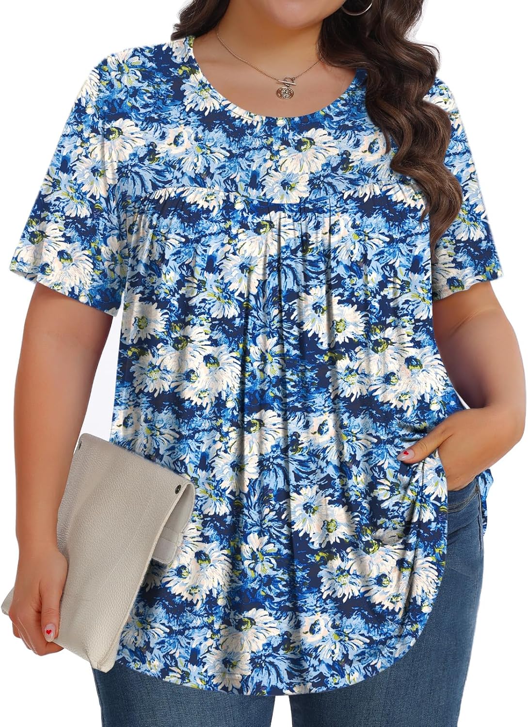 【Best Selling】Womens Plus Size Tops Tunic Short Sleeve Crew Neck Shirts Casual Soft Blouse M-5X
