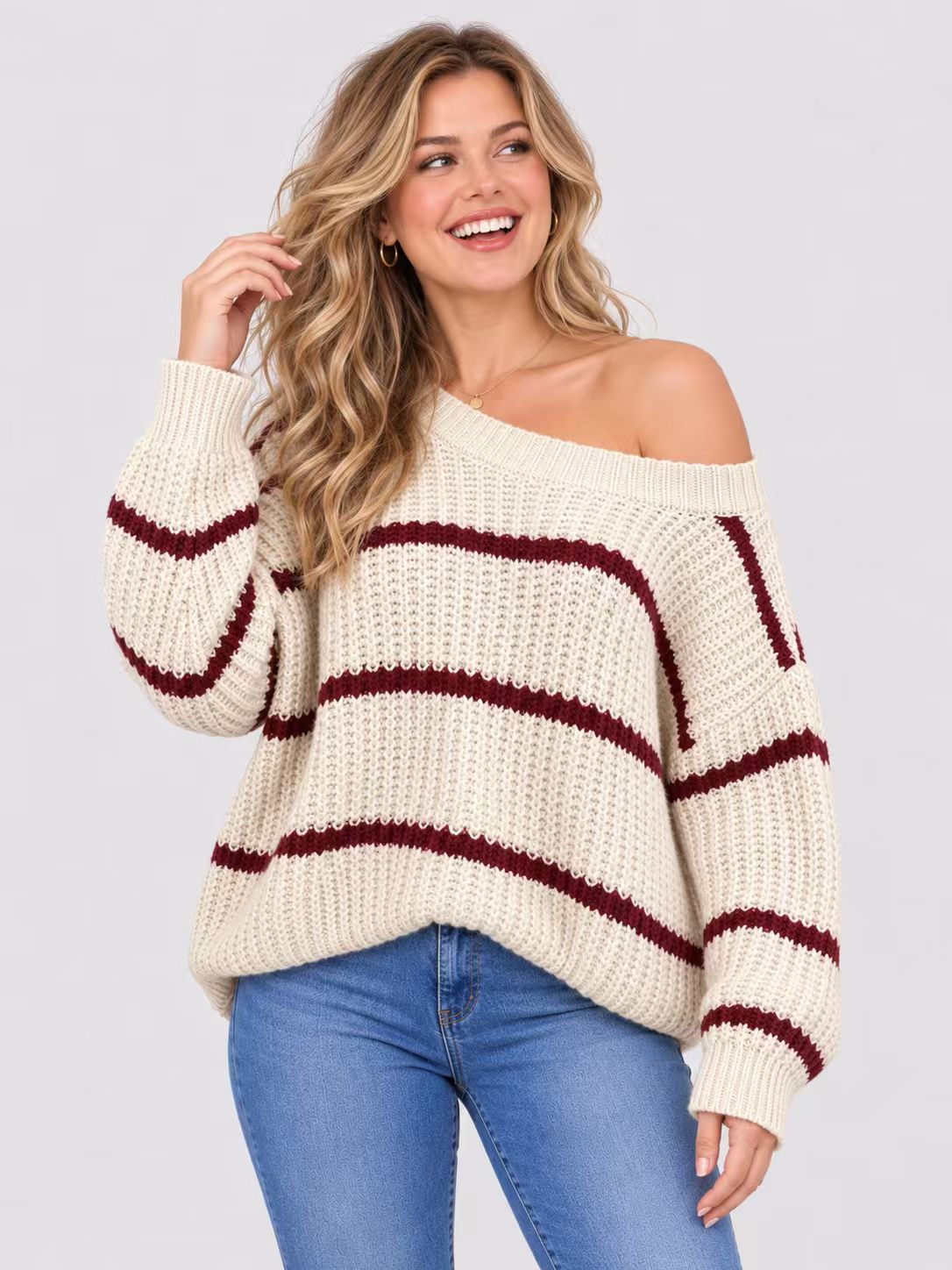 women's european and american casual off-the-shoulder striped knitwear amazon express loose drop shoulder pullover sweater