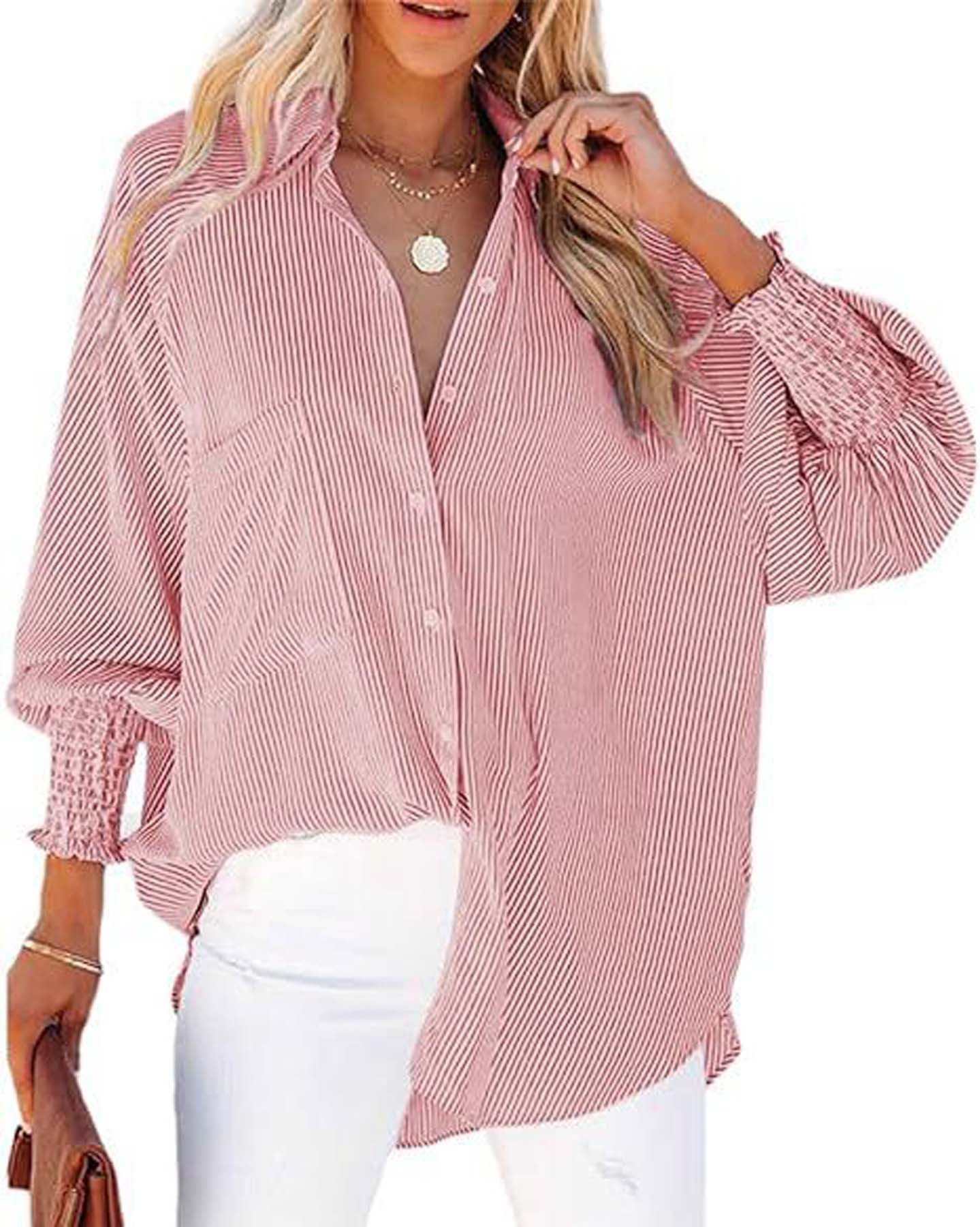 Striped Long-Sleeved Loose Shirt Casual Women'S New Style Pocket Shirt Top