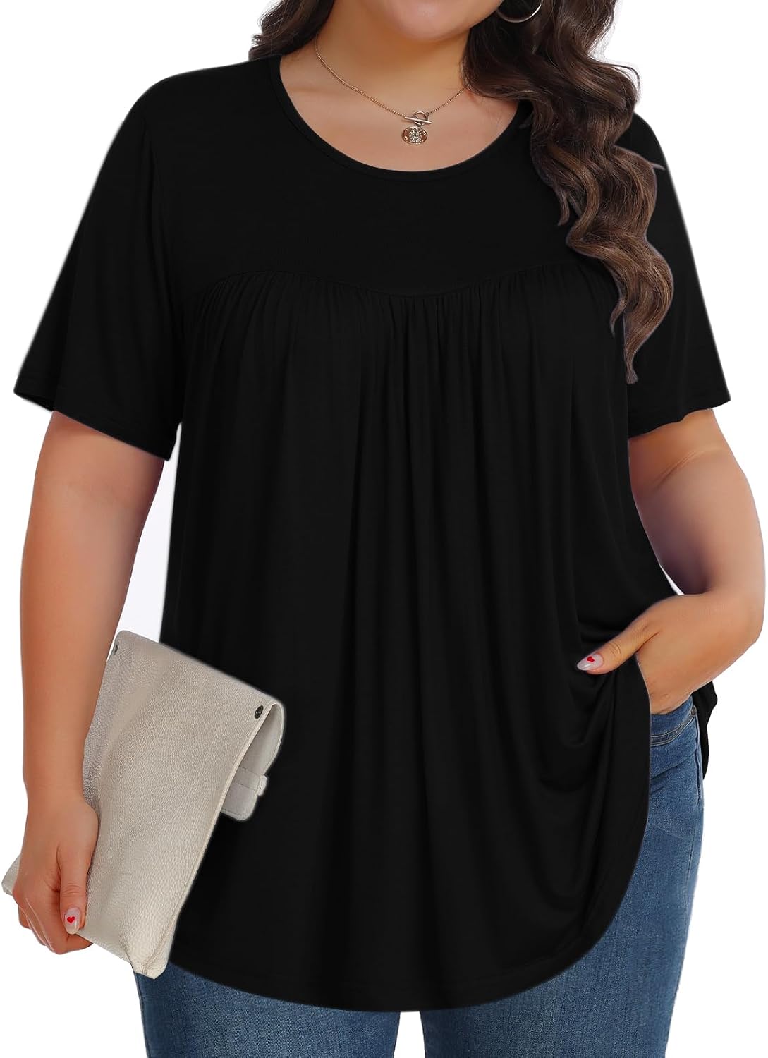 【Best Selling】Womens Plus Size Tops Tunic Short Sleeve Crew Neck Shirts Casual Soft Blouse M-5X