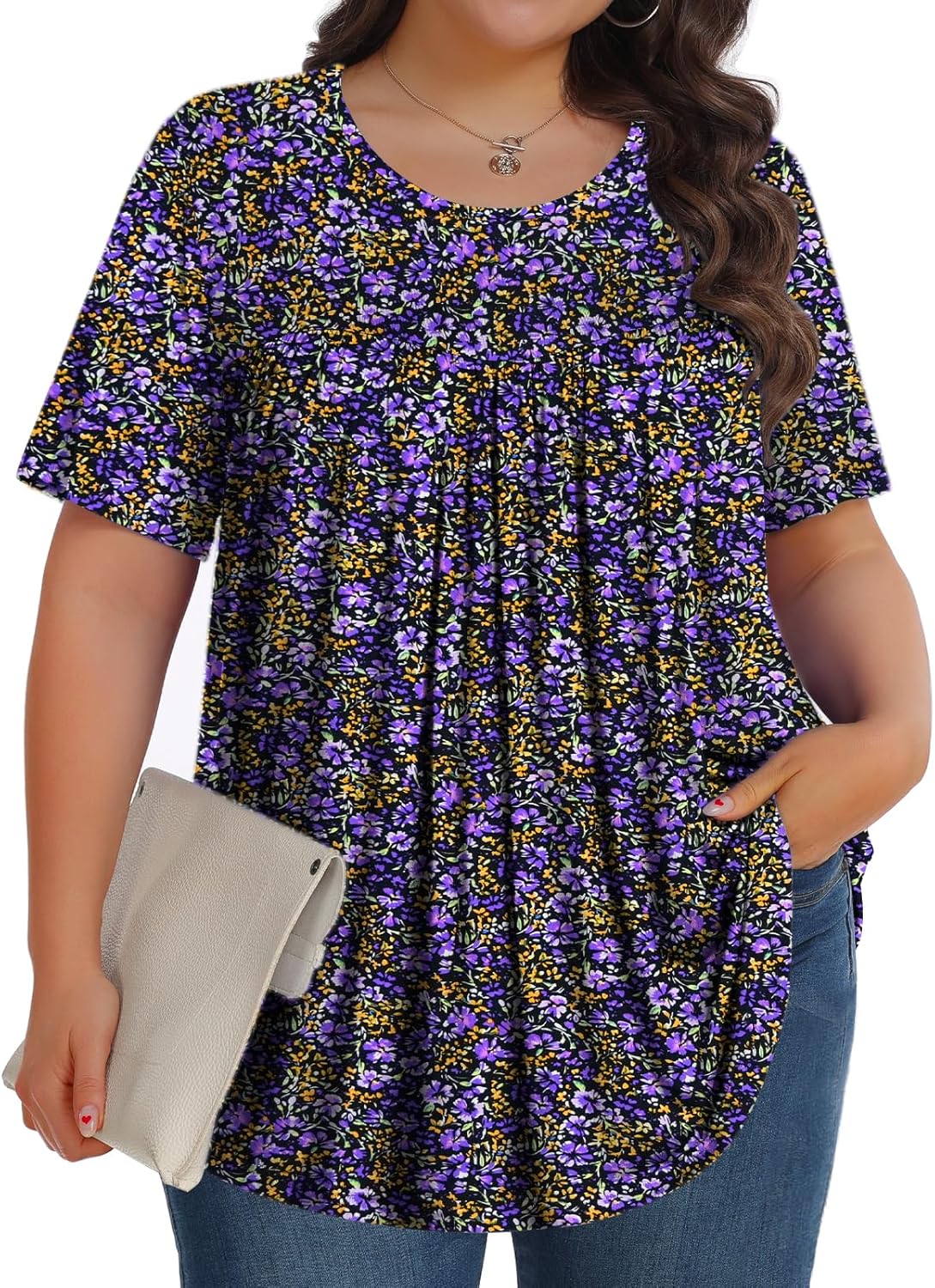 【Best Selling】Womens Plus Size Tops Tunic Short Sleeve Crew Neck Shirts Casual Soft Blouse M-5X