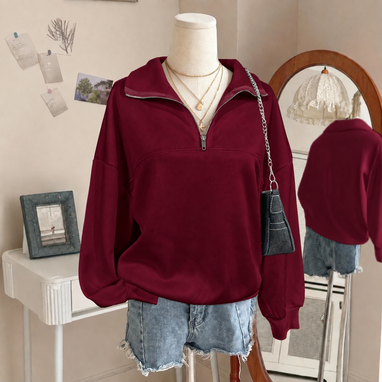 Women's Casual Comfortable Solid-Color Half-Zip Collared Sweatshirt