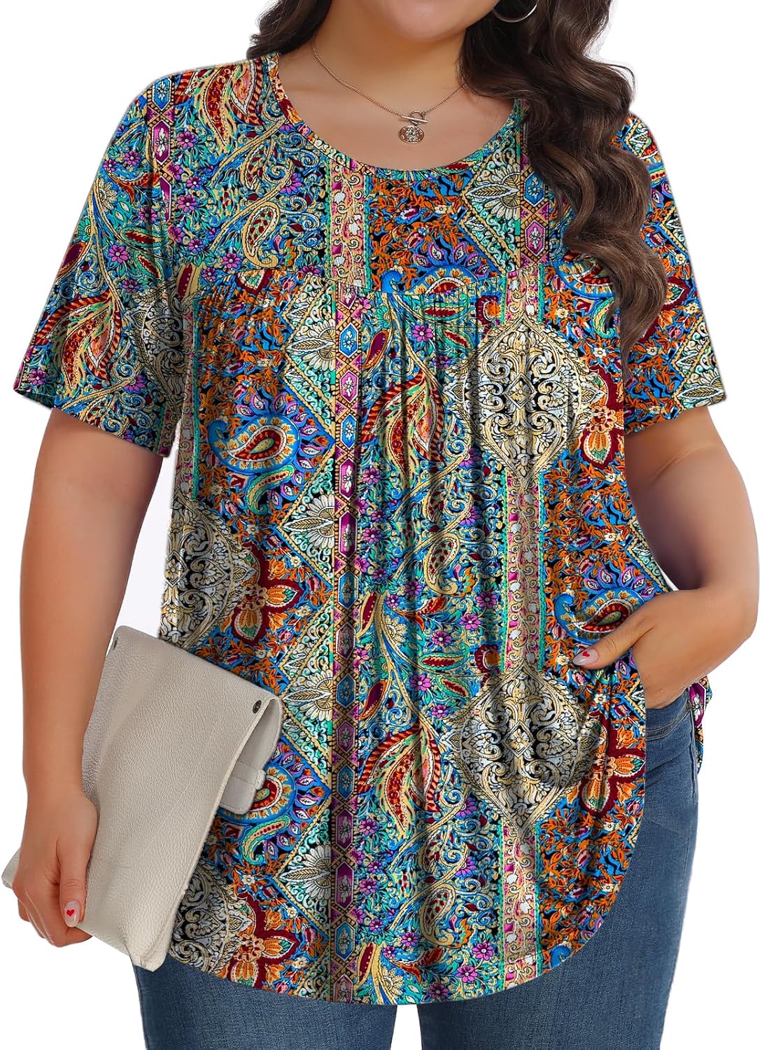 【Best Selling】Womens Plus Size Tops Tunic Short Sleeve Crew Neck Shirts Casual Soft Blouse M-5X