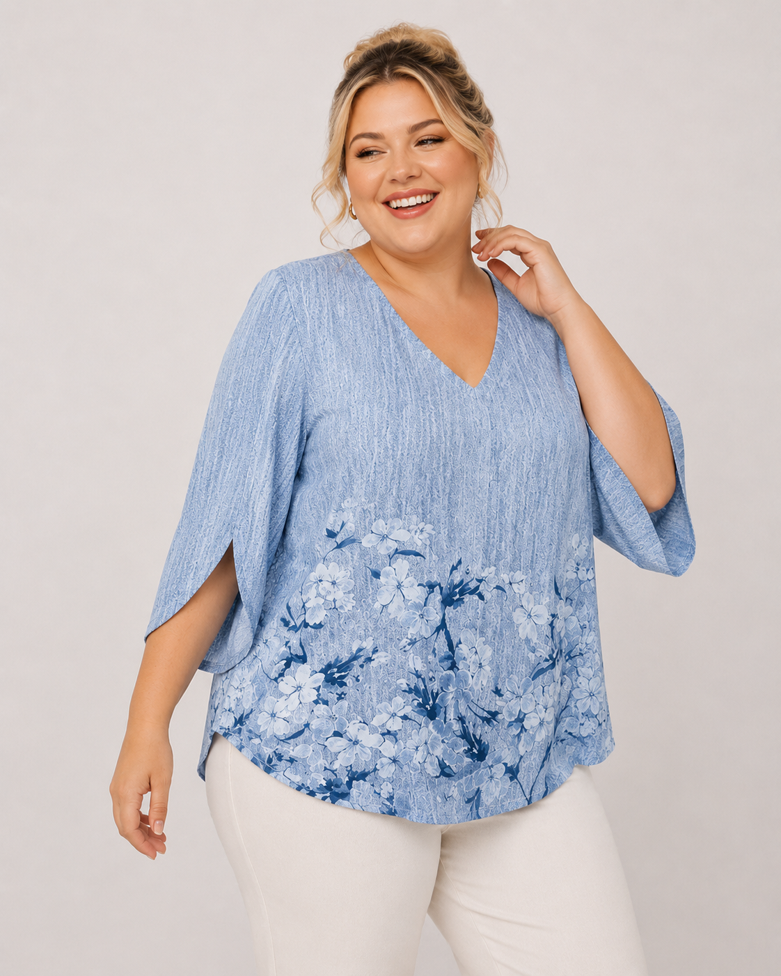 Women'S Elegant V-Neck Long Shirt - 3/4 Sleeves Random Floral