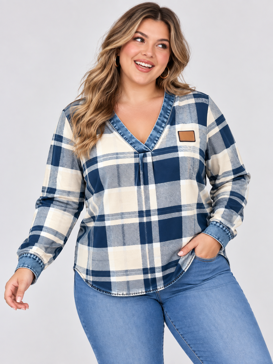 2026 Fall/Winter New Arrival: Cross-Border, European and American Amazon Independent Store V-Neck Casual Checkered Print Long-Sleeve Top for Women