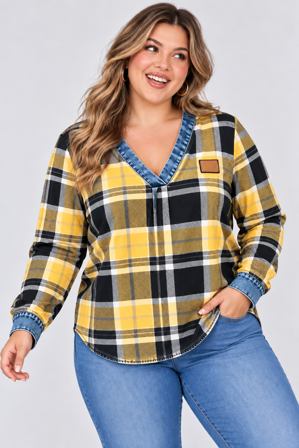 V-Neck Casual Checkered Print Long-Sleeve Top