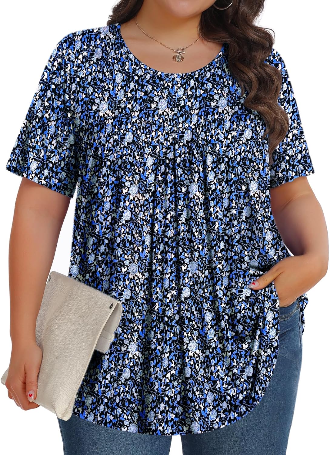 【Best Selling】Womens Plus Size Tops Tunic Short Sleeve Crew Neck Shirts Casual Soft Blouse M-5X