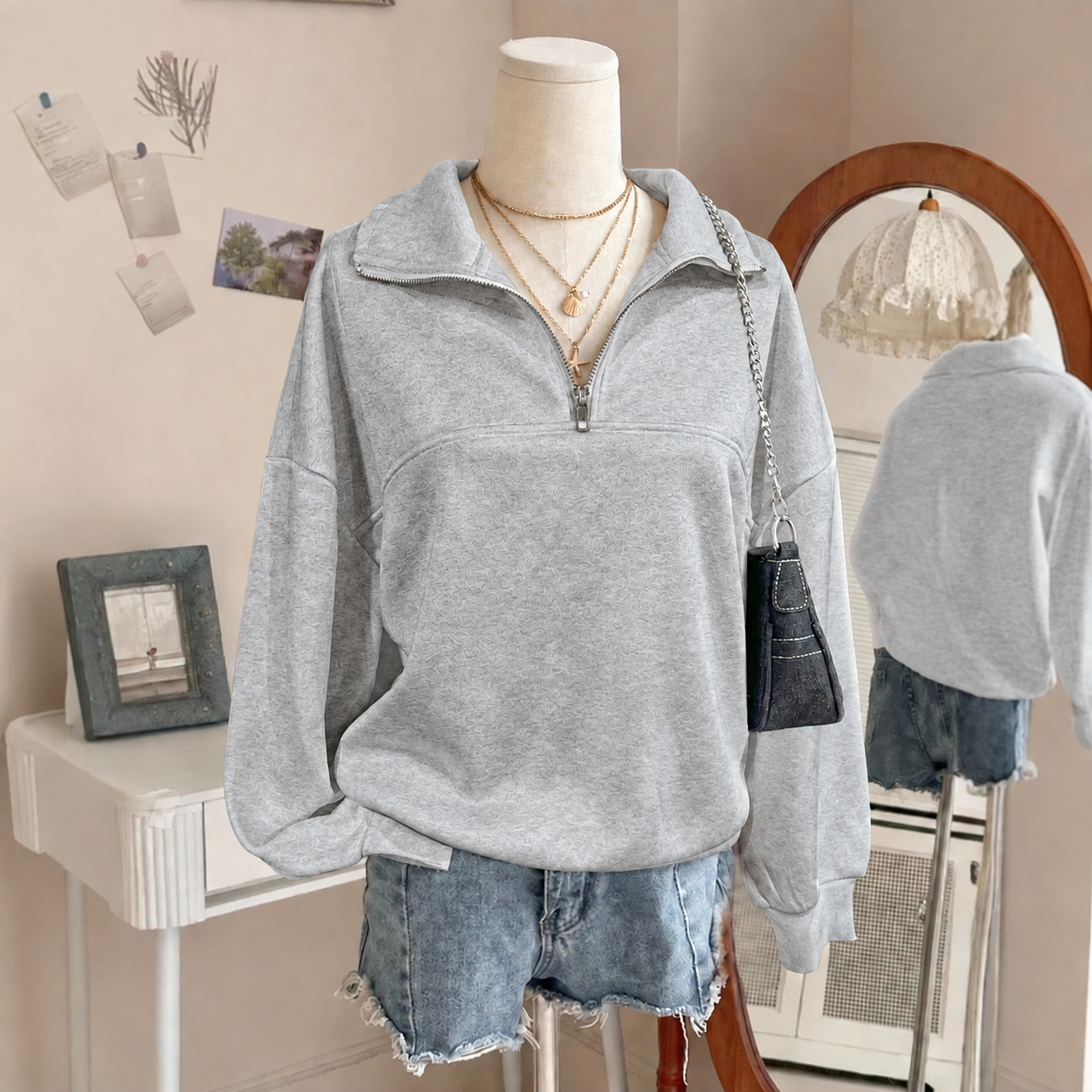 Women's Casual Comfortable Solid-Color Half-Zip Collared Sweatshirt