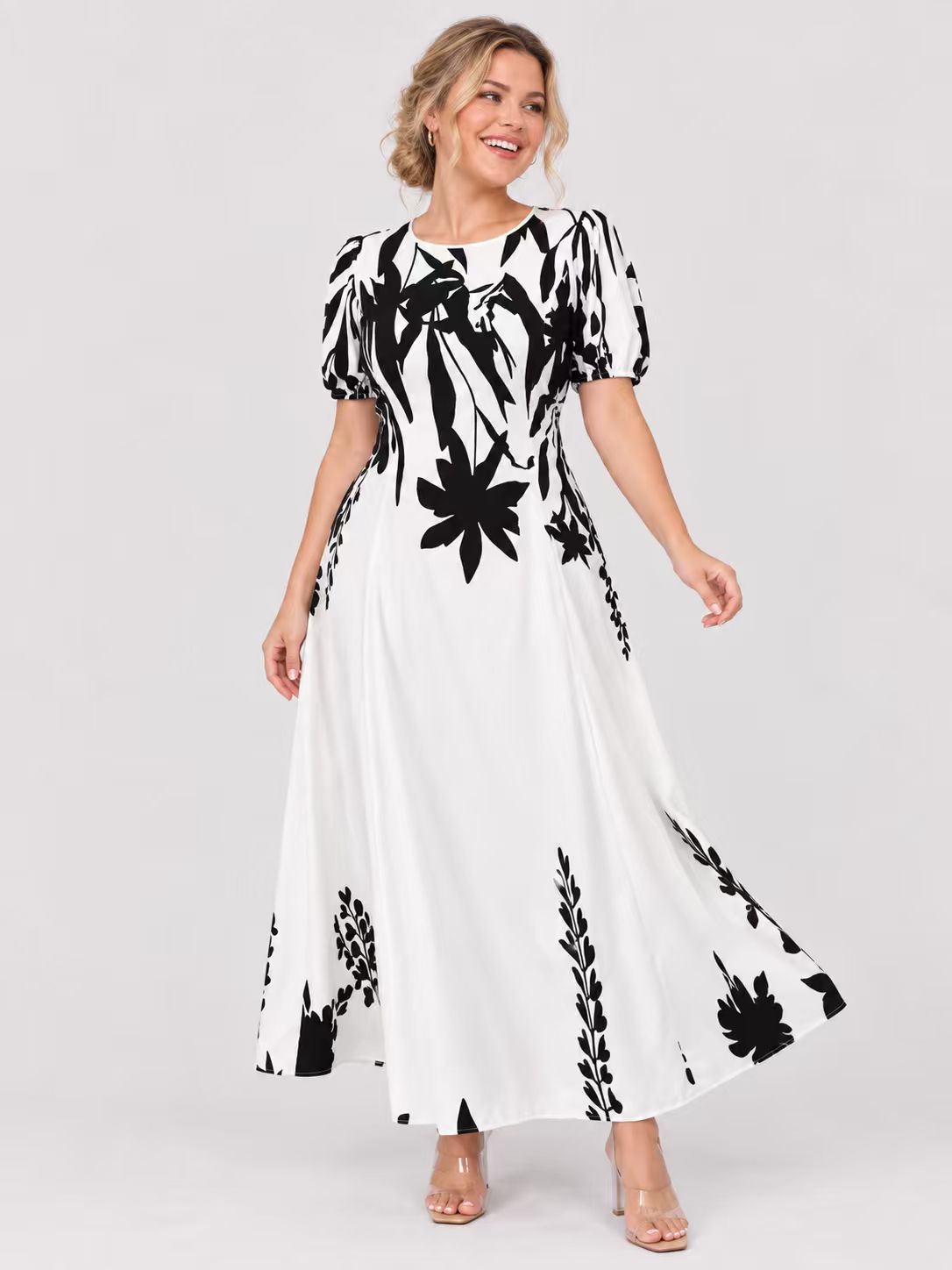 European and American Amazon cross-border new fashion women's printed bubble sleeve fashion elegant dress