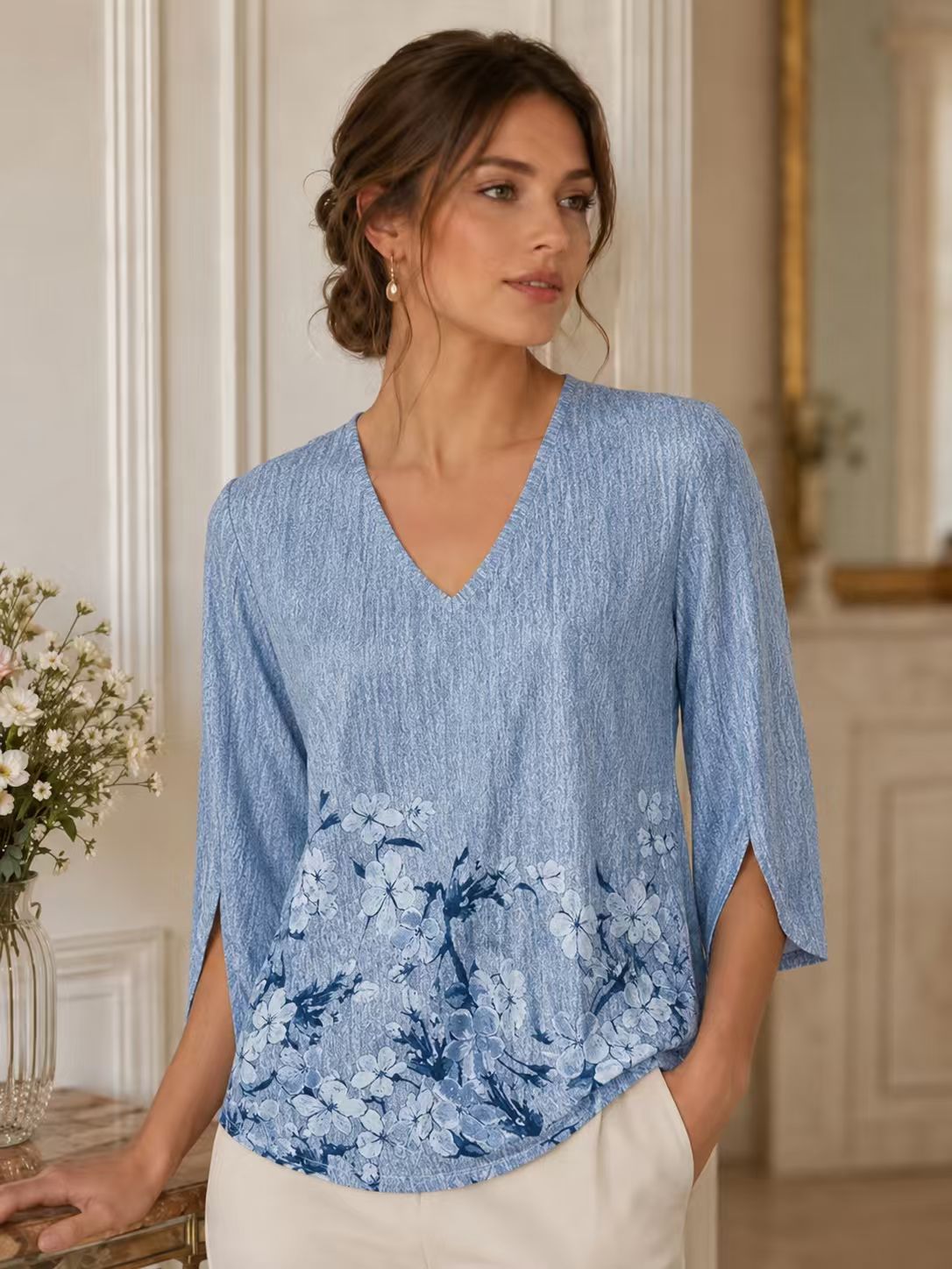 Women'S Elegant V-Neck Long Shirt - 3/4 Sleeves Random Floral
