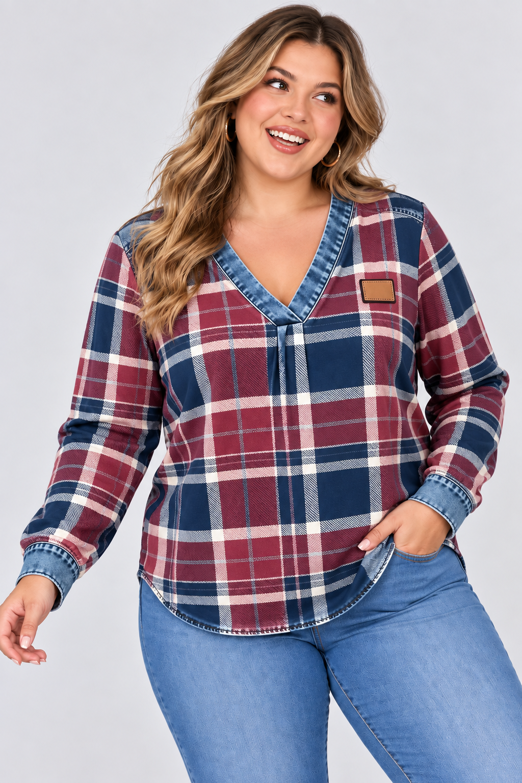 V-Neck Casual Checkered Print Long-Sleeve Top