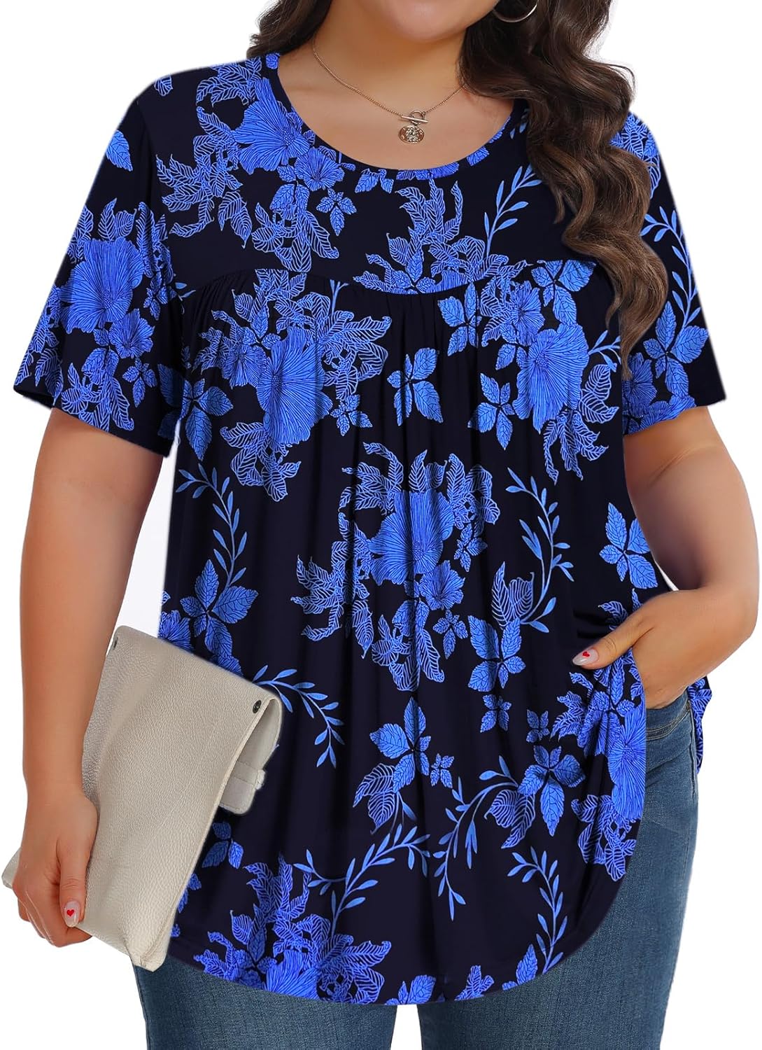 【Best Selling】Womens Plus Size Tops Tunic Short Sleeve Crew Neck Shirts Casual Soft Blouse M-5X