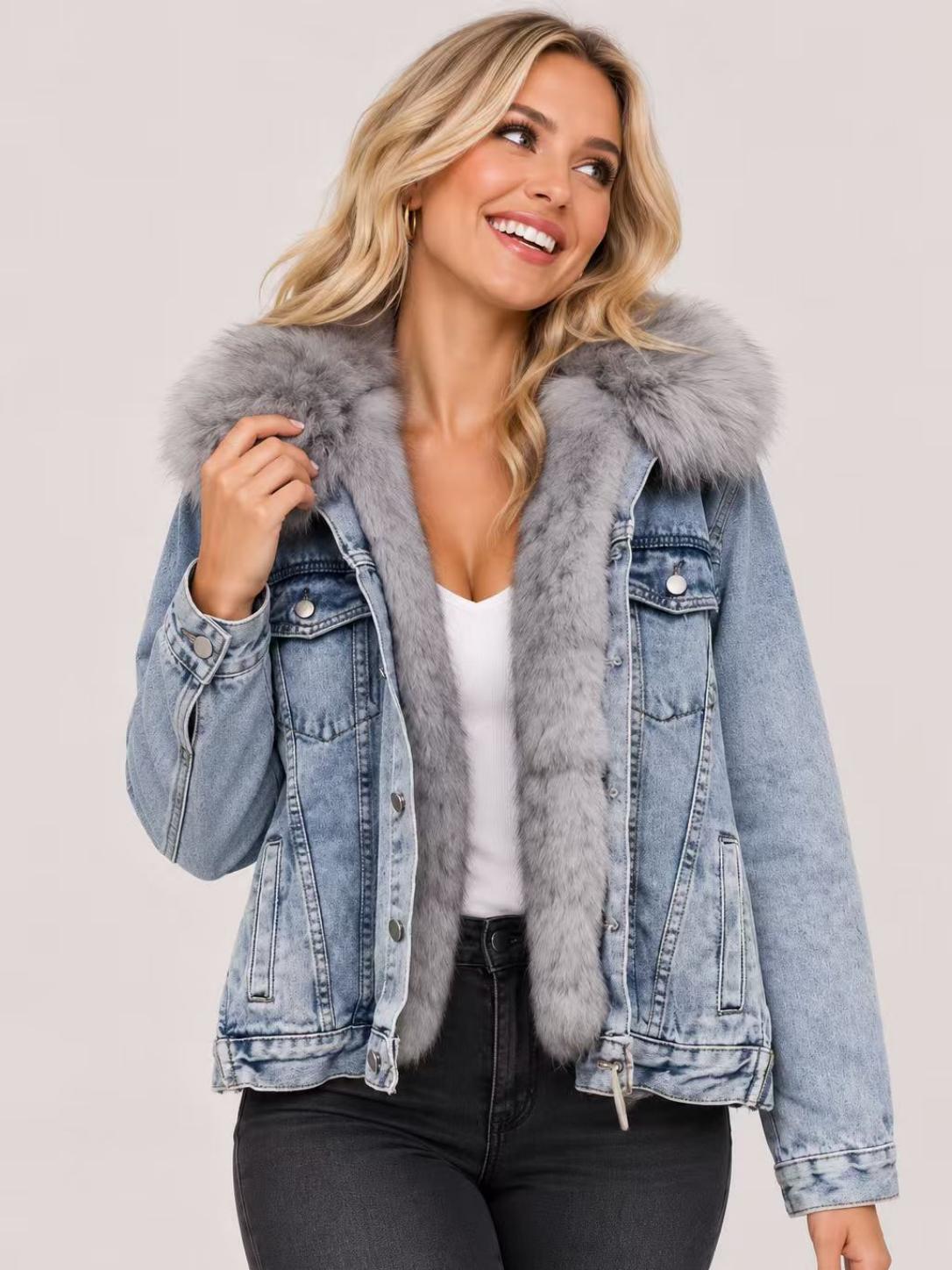 Spot short coat cotton coat 2026 winter fleece new cotton loose Korean denim fur collar thick jacket women