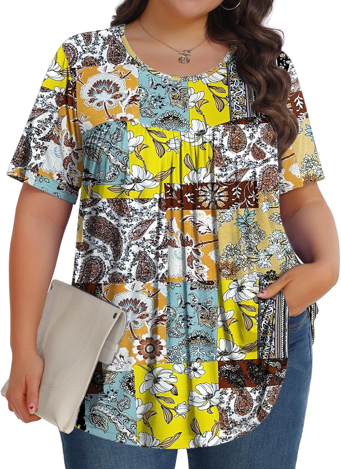 【Best Selling】Womens Plus Size Tops Tunic Short Sleeve Crew Neck Shirts Casual Soft Blouse M-5X