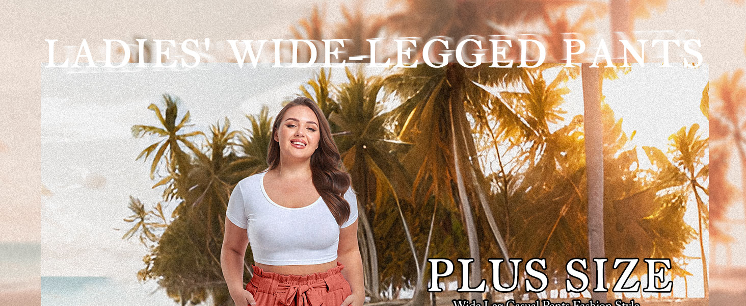Women Plus Size Pants Elegant Palazzo Pants High Waisted Wide Leg Belted Trousers with Pockets