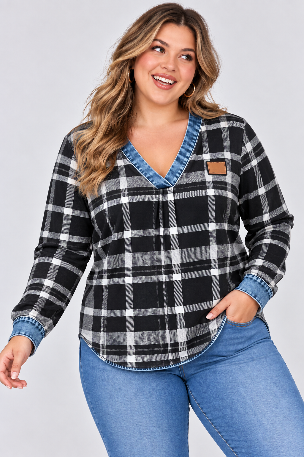 V-Neck Casual Checkered Print Long-Sleeve Top