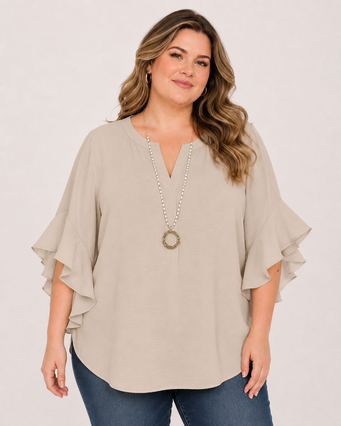 [Clearance Sale]Plus Size Women's Ruffled Sleeve V-Neck Blouse, Elegant Floral Design, Comfortable and Stylish, Perfect for Casual Wear