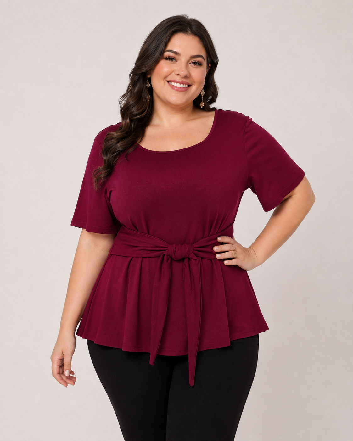 Cross-border plus size women's clothing simple short-sleeved round neck belt slimming tops T-shirts