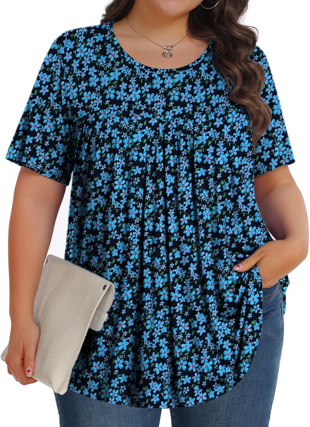 【Best Selling】Womens Plus Size Tops Tunic Short Sleeve Crew Neck Shirts Casual Soft Blouse M-5X