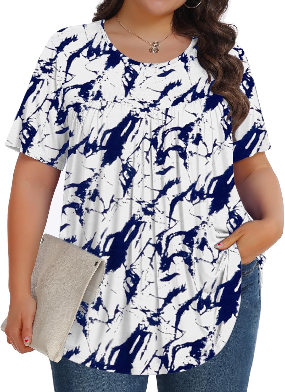 【Best Selling】Womens Plus Size Tops Tunic Short Sleeve Crew Neck Shirts Casual Soft Blouse M-5X
