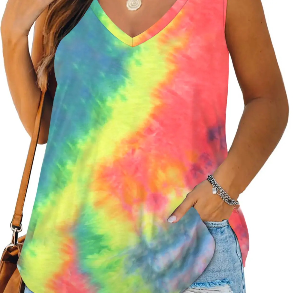 Summer Plus Size Tank Tops for Women V-Neck Tie Dye Color Basic Sleeveless Loose Fit Tees Chic Stretchable Breathable Solid Print Striped summervibes tshirt