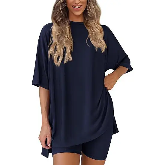 Women's 2026 Summer Minimalist Basic Suits, Two-Piece Set For Women Round Neck Oversized Shirt & Fitted Shorts Matching Clothing Set, Plus Size Split Hem Clothes for Airport Travel & Lounge, Crewneck  pretty girl sets