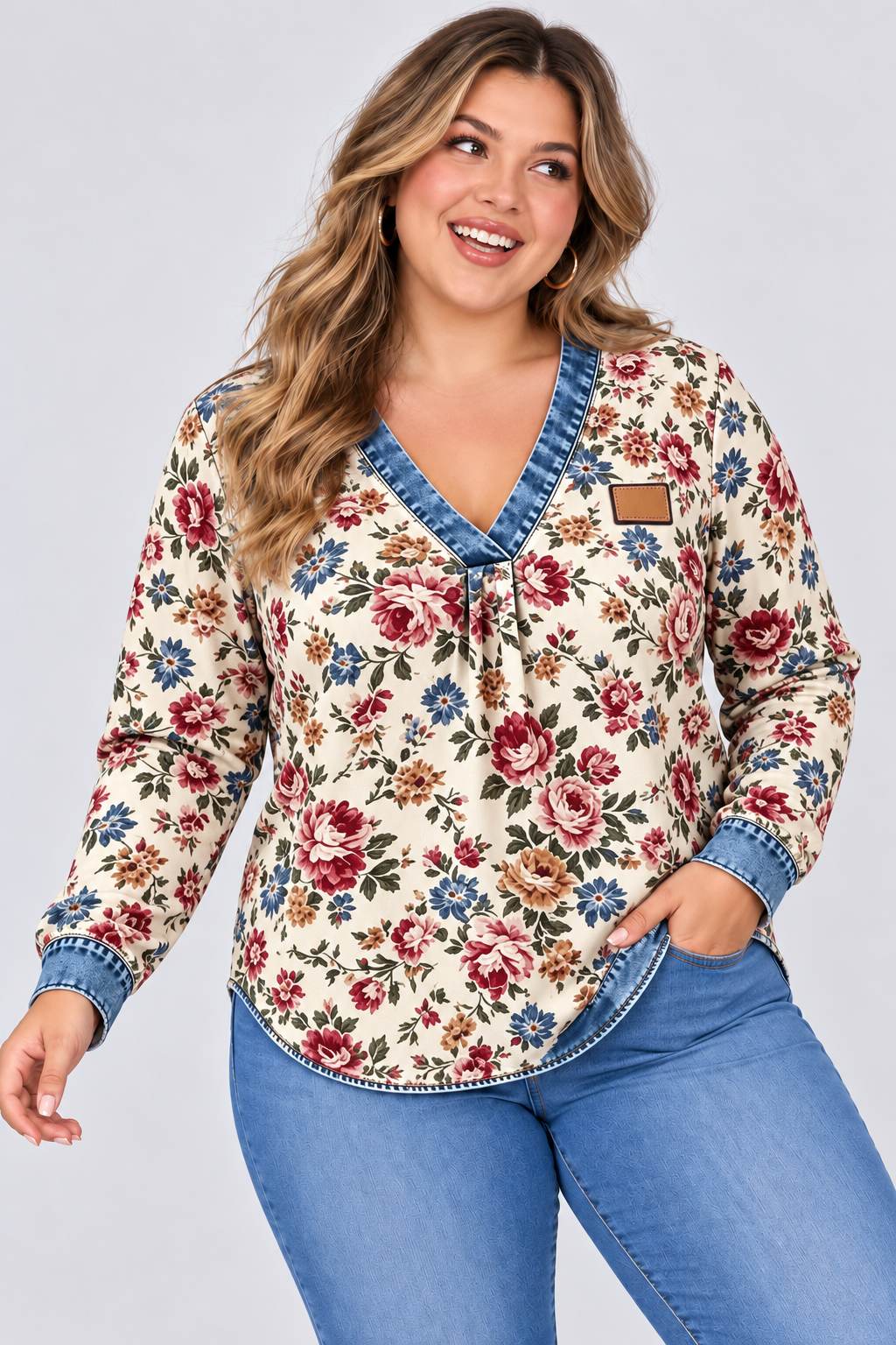 V-Neck Casual Checkered Print Long-Sleeve Top