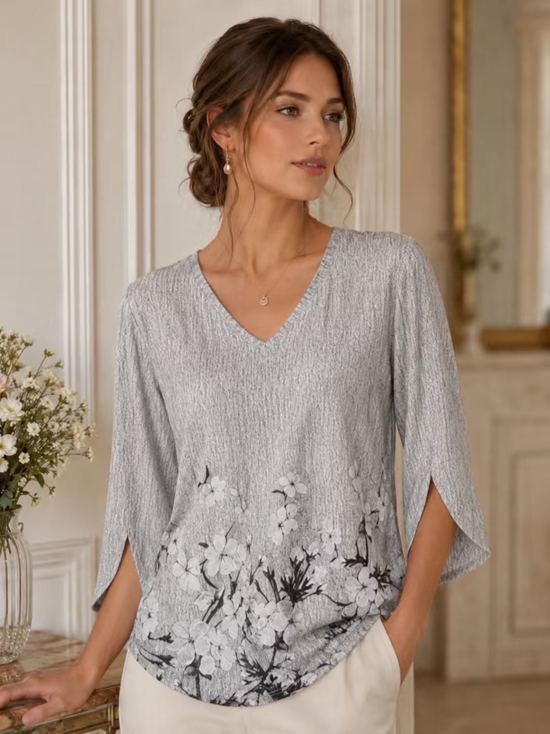 Women'S Elegant V-Neck Long Shirt - 3/4 Sleeves Random Floral