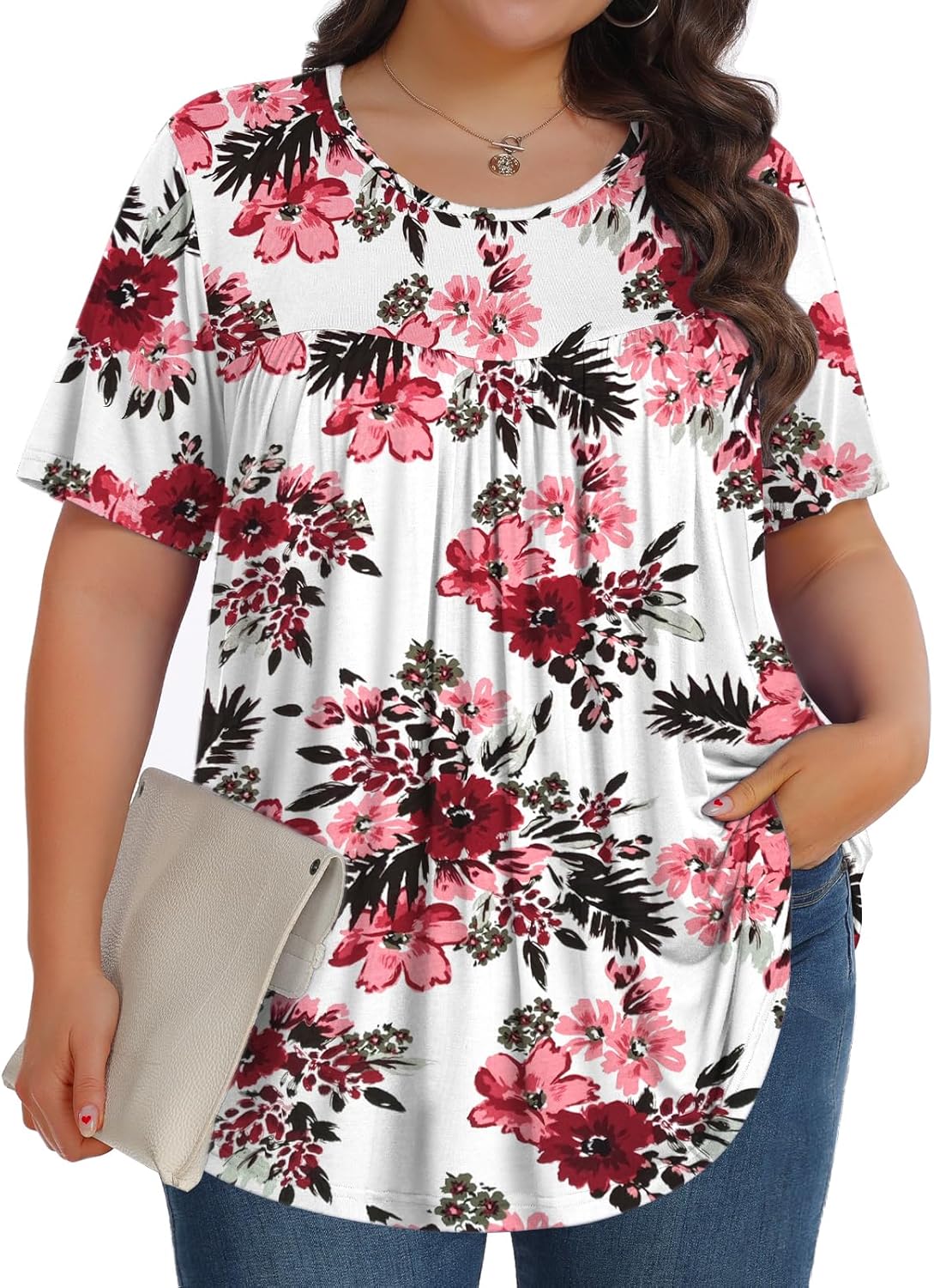 【Best Selling】Womens Plus Size Tops Tunic Short Sleeve Crew Neck Shirts Casual Soft Blouse M-5X