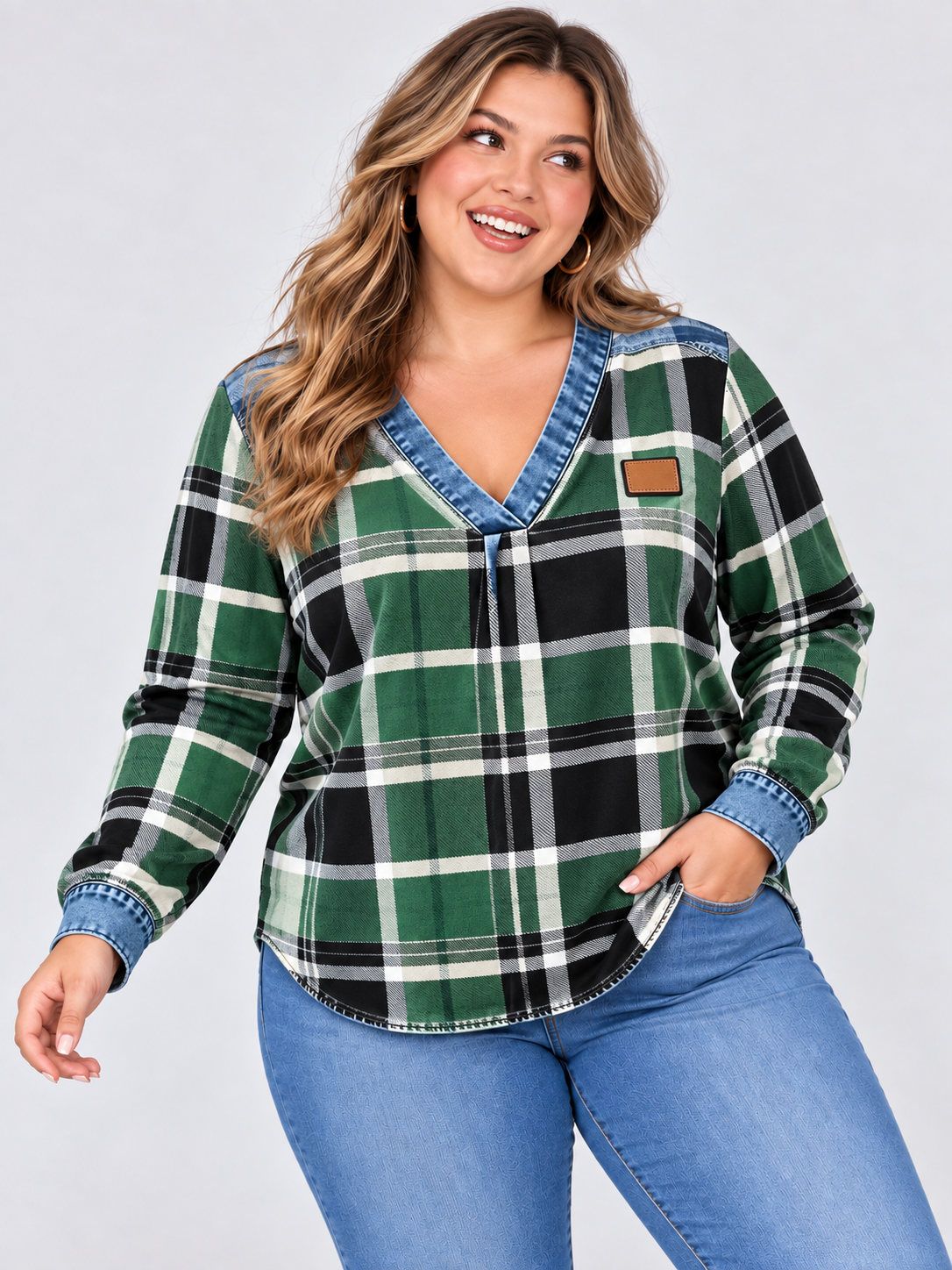 V-Neck Casual Checkered Print Long-Sleeve Top