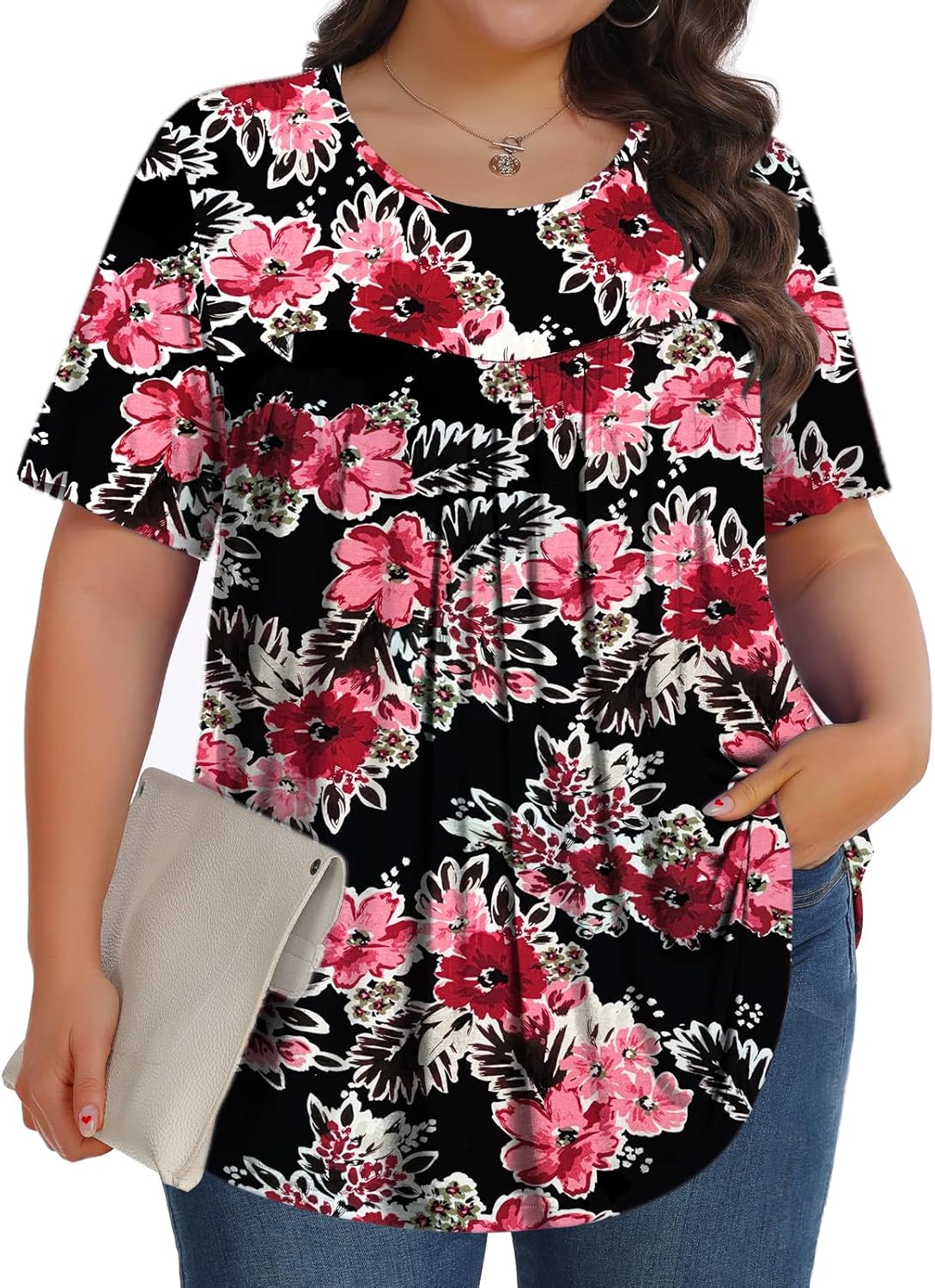 【Best Selling】Womens Plus Size Tops Tunic Short Sleeve Crew Neck Shirts Casual Soft Blouse M-5X