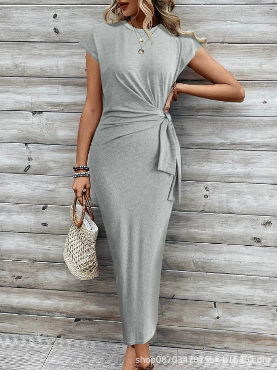 Women's high-end dress with an elegant temperament, featuring a waist tie, striped round neck, short sleeves, and a long design