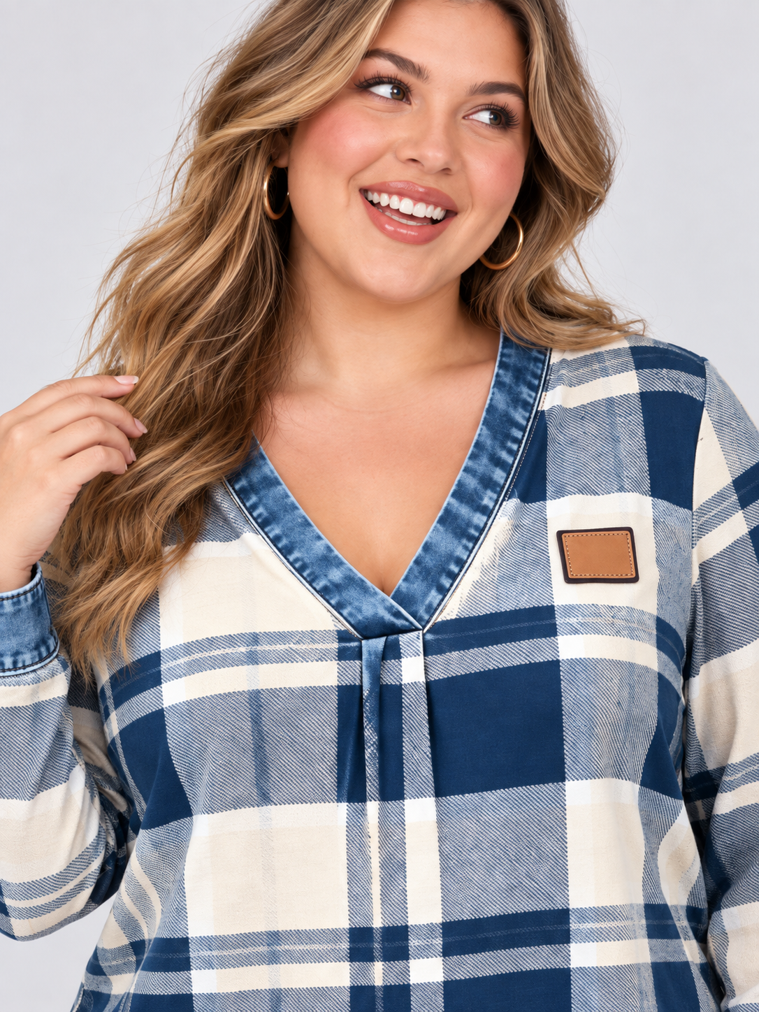 2026 Fall/Winter New Arrival: Cross-Border, European and American Amazon Independent Store V-Neck Casual Checkered Print Long-Sleeve Top for Women