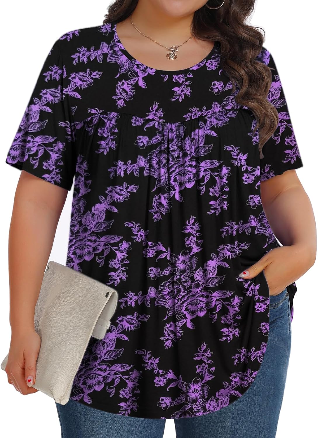【Best Selling】Womens Plus Size Tops Tunic Short Sleeve Crew Neck Shirts Casual Soft Blouse M-5X