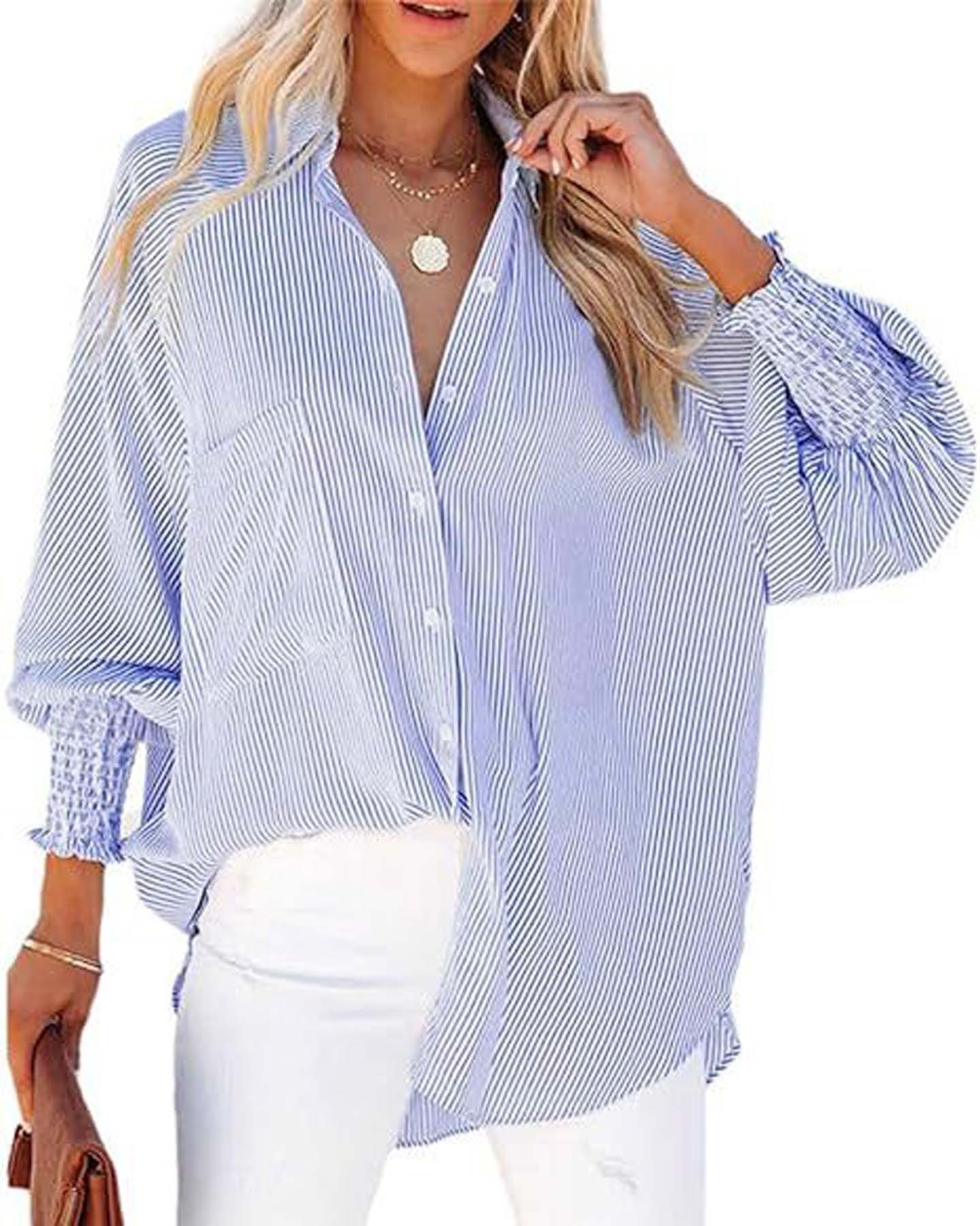 Striped Long-Sleeved Loose Shirt Casual Women'S New Style Pocket Shirt Top