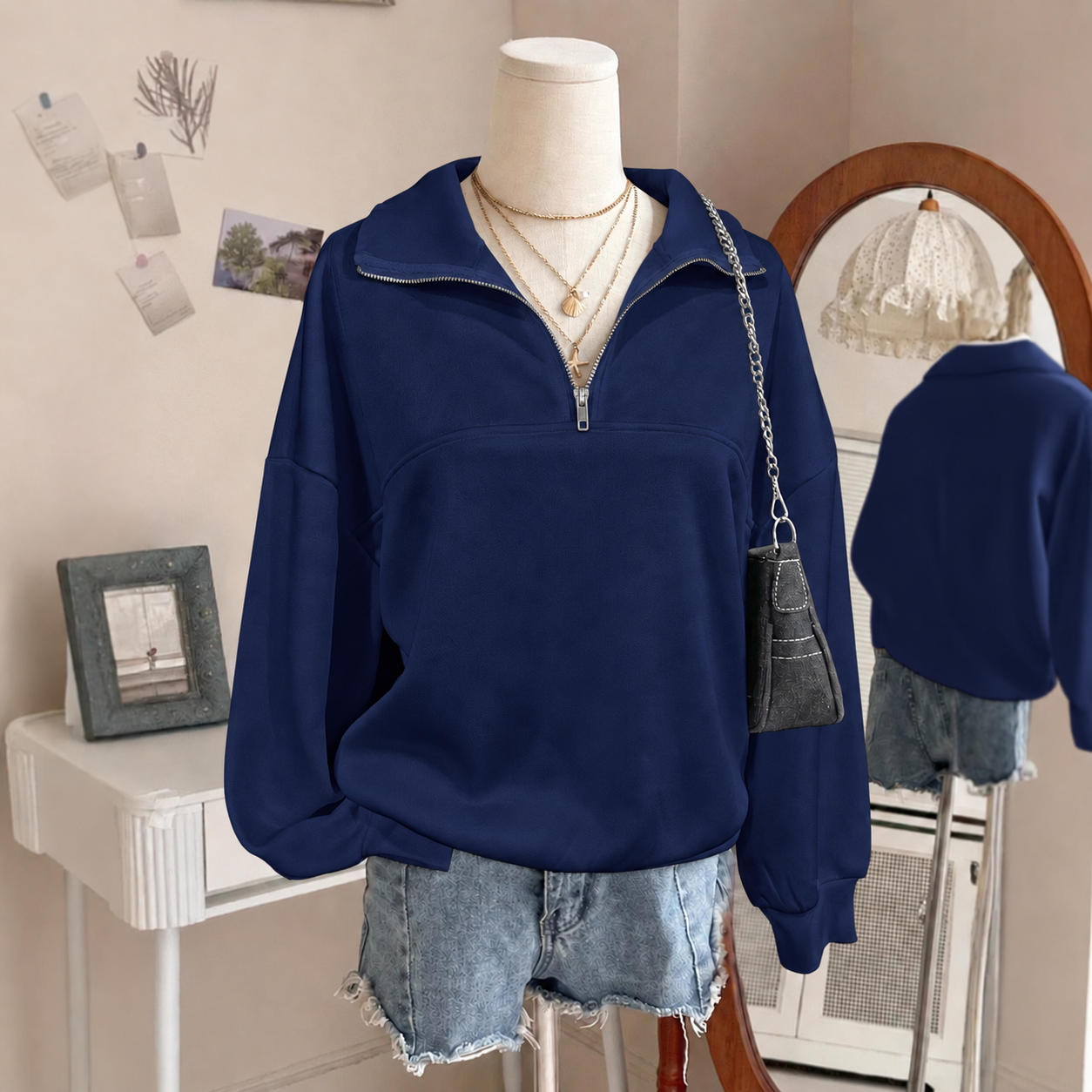Women's Casual Comfortable Solid-Color Half-Zip Collared Sweatshirt