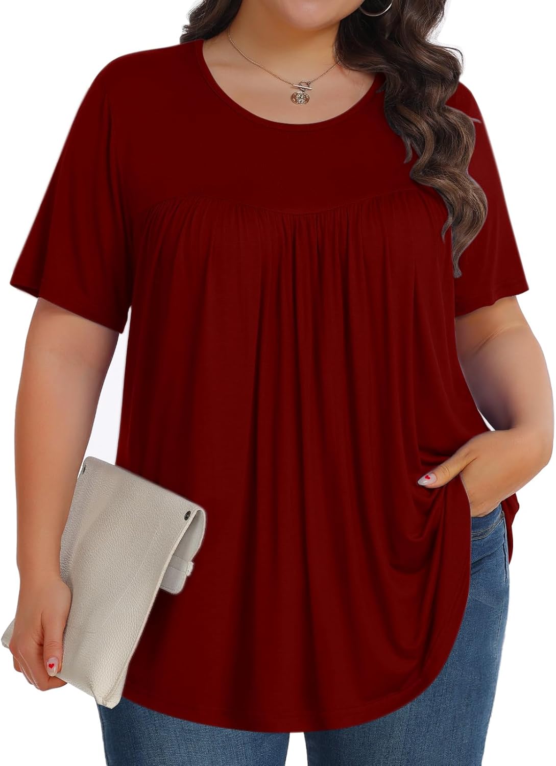 【Best Selling】Womens Plus Size Tops Tunic Short Sleeve Crew Neck Shirts Casual Soft Blouse M-5X