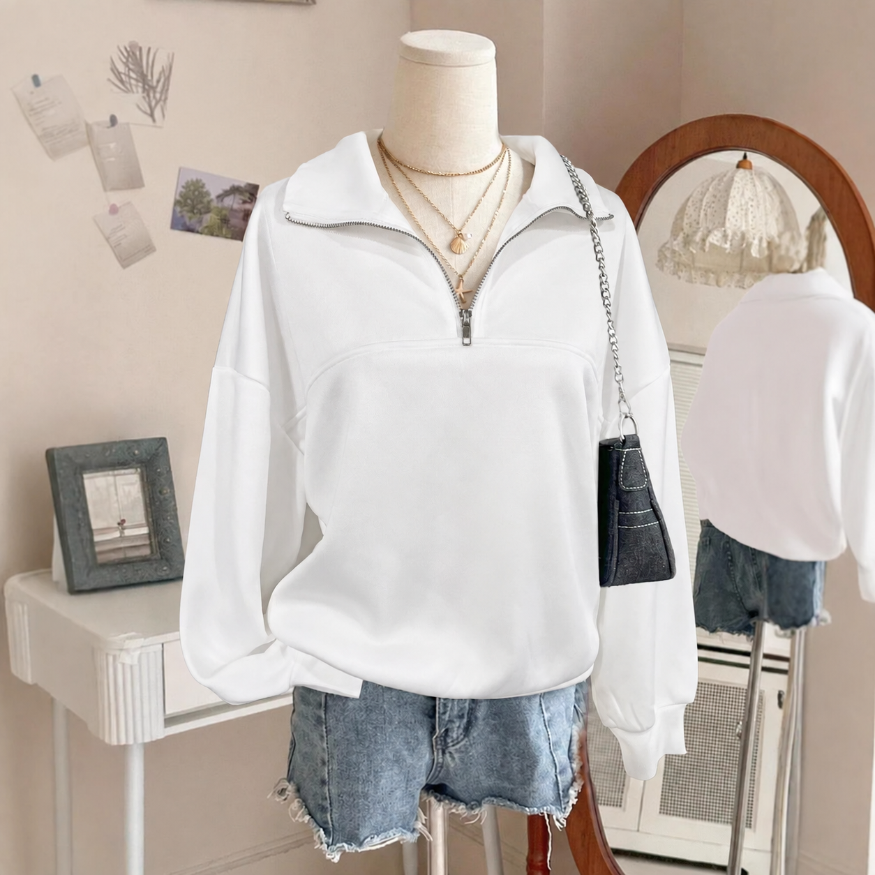Women's Casual Comfortable Solid-Color Half-Zip Collared Sweatshirt
