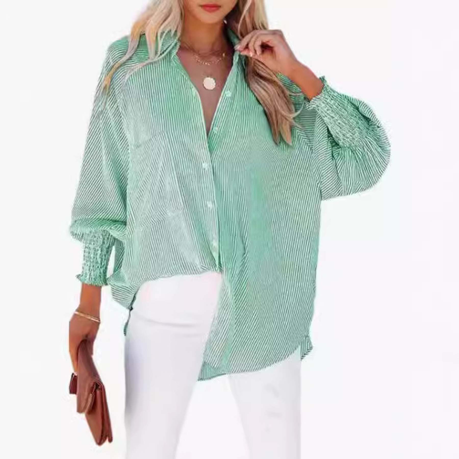 Striped Long-Sleeved Loose Shirt Casual Women'S New Style Pocket Shirt Top