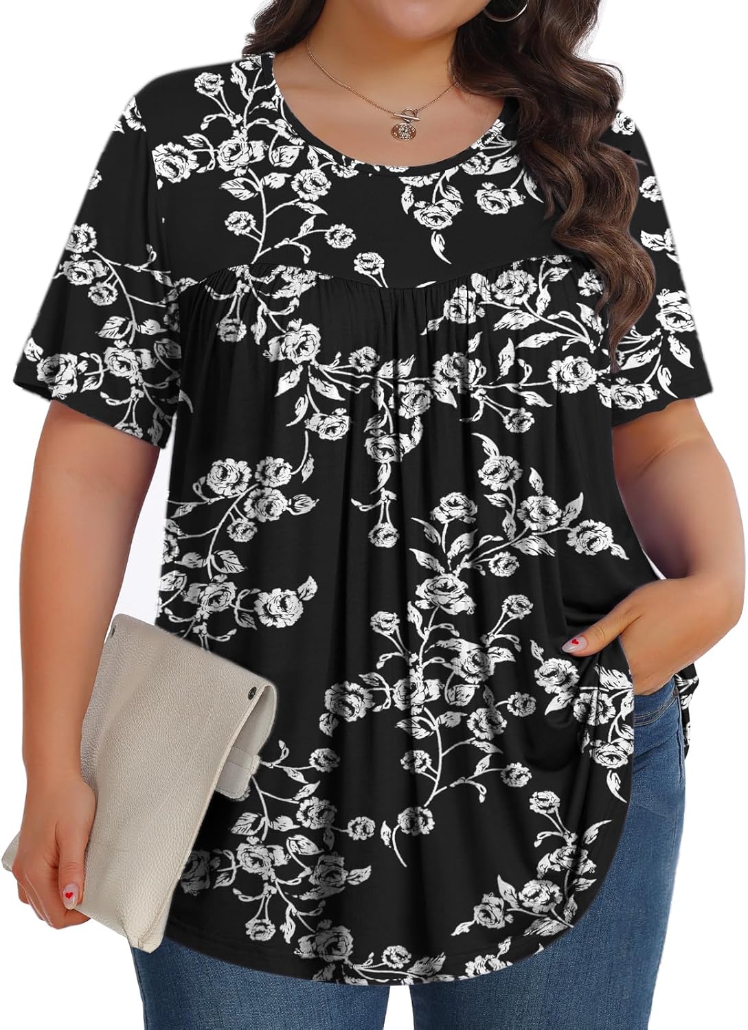 【Best Selling】Womens Plus Size Tops Tunic Short Sleeve Crew Neck Shirts Casual Soft Blouse M-5X