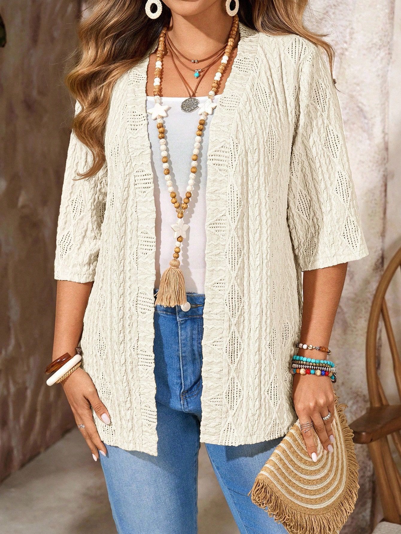 spring and autumn women's large casual hollowed-out cardigan solid color top