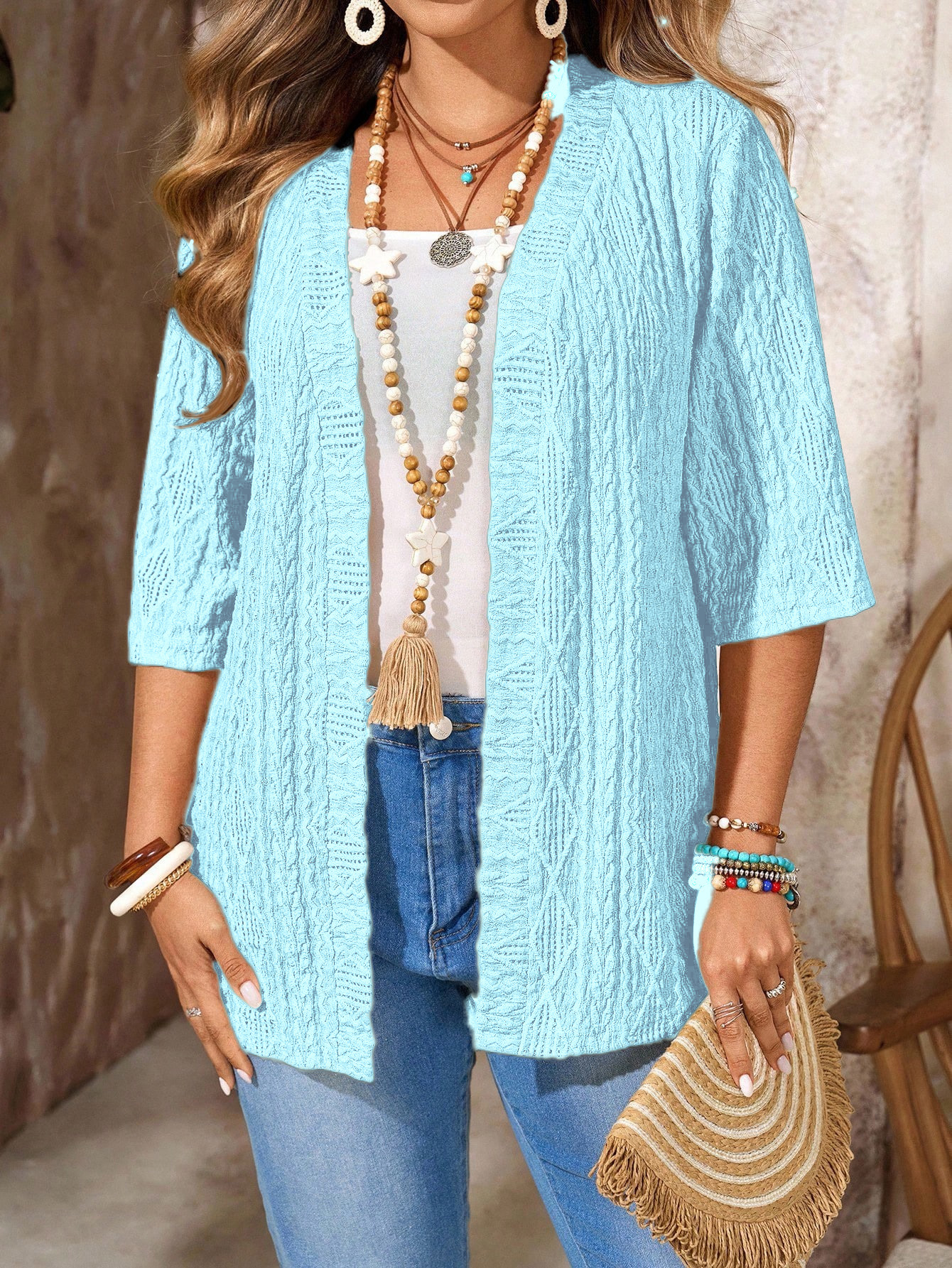 spring and autumn women's large casual hollowed-out cardigan solid color top