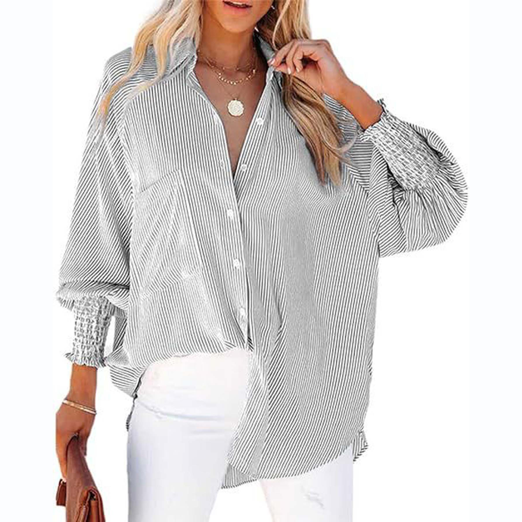 Striped Long-Sleeved Loose Shirt Casual Women'S New Style Pocket Shirt Top